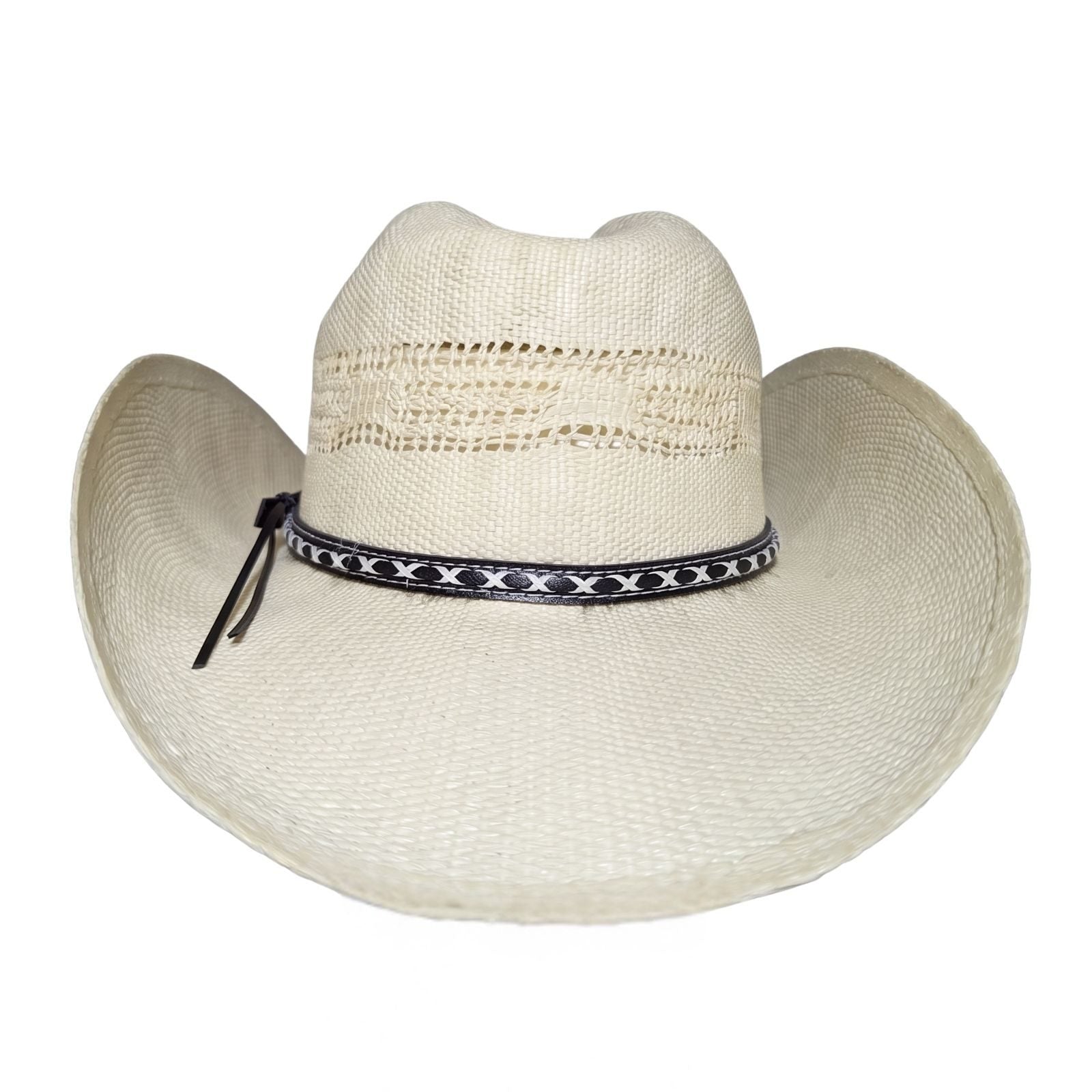White Criss-Cross Band Cowboy Hat by Redneck Legends — back view with black leather band tie and vented crown panels