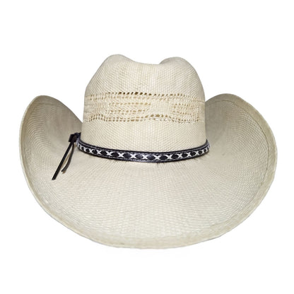 White Criss-Cross Band Cowboy Hat by Redneck Legends — back view with black leather band tie and vented crown panels