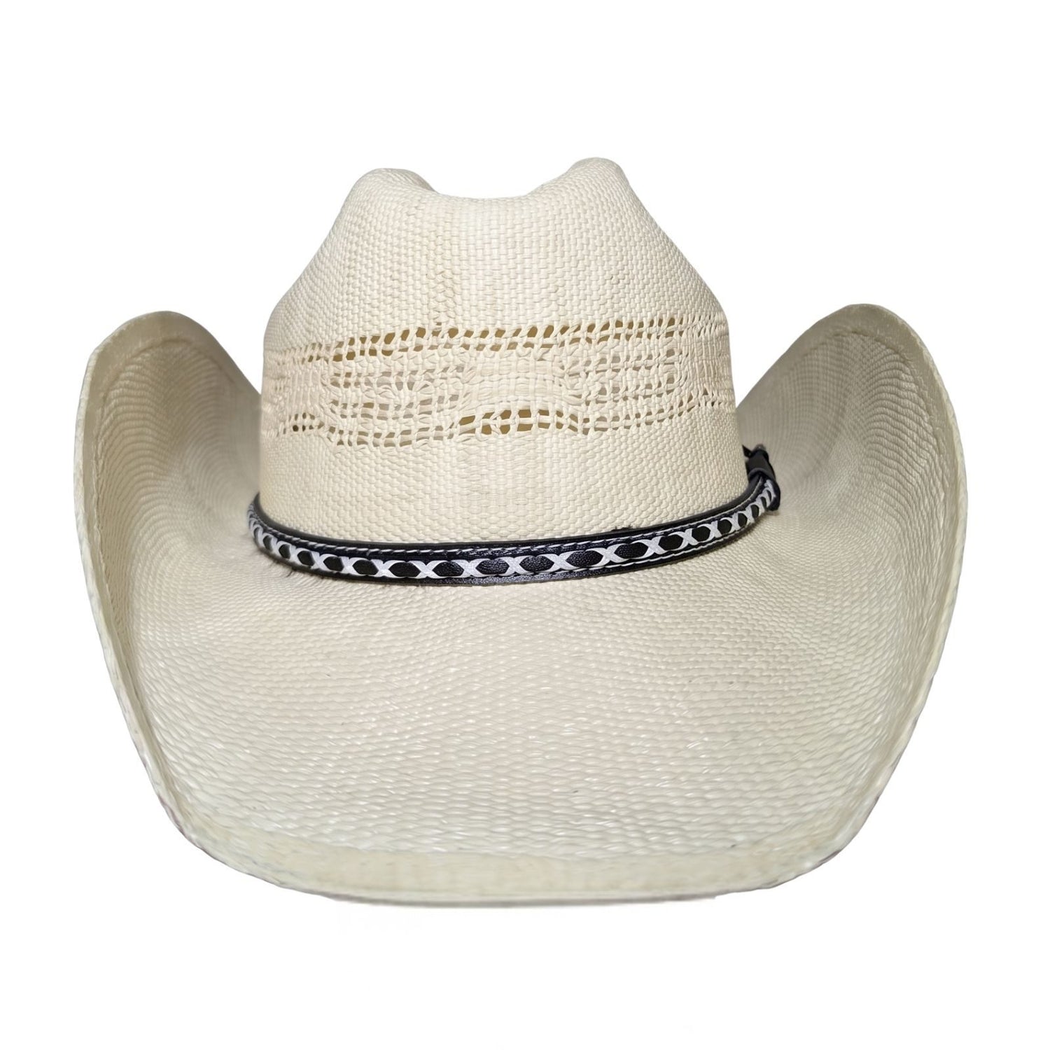 White Criss-Cross Band Cowboy Hat by Redneck Legends — front view showing vented open-weave crown and white criss-cross stitching on the black leather band