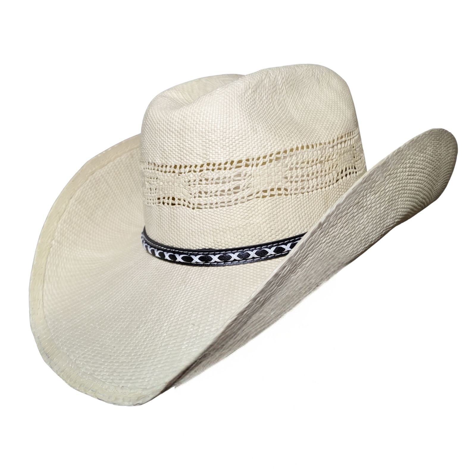 White Criss-Cross Band Cowboy Hat by Redneck Legends — side view of crisp ivory-white woven straw with vented crown and black leather criss-cross band