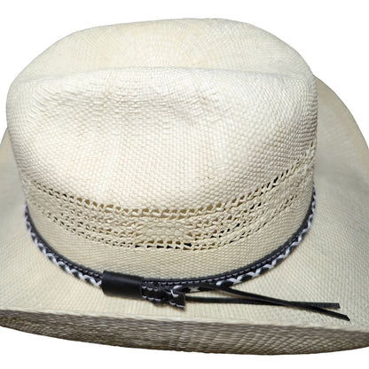 White Criss-Cross Band Cowboy Hat by Redneck Legends — top view of the cattleman crease crown with black braided leather keeper and twin band tails