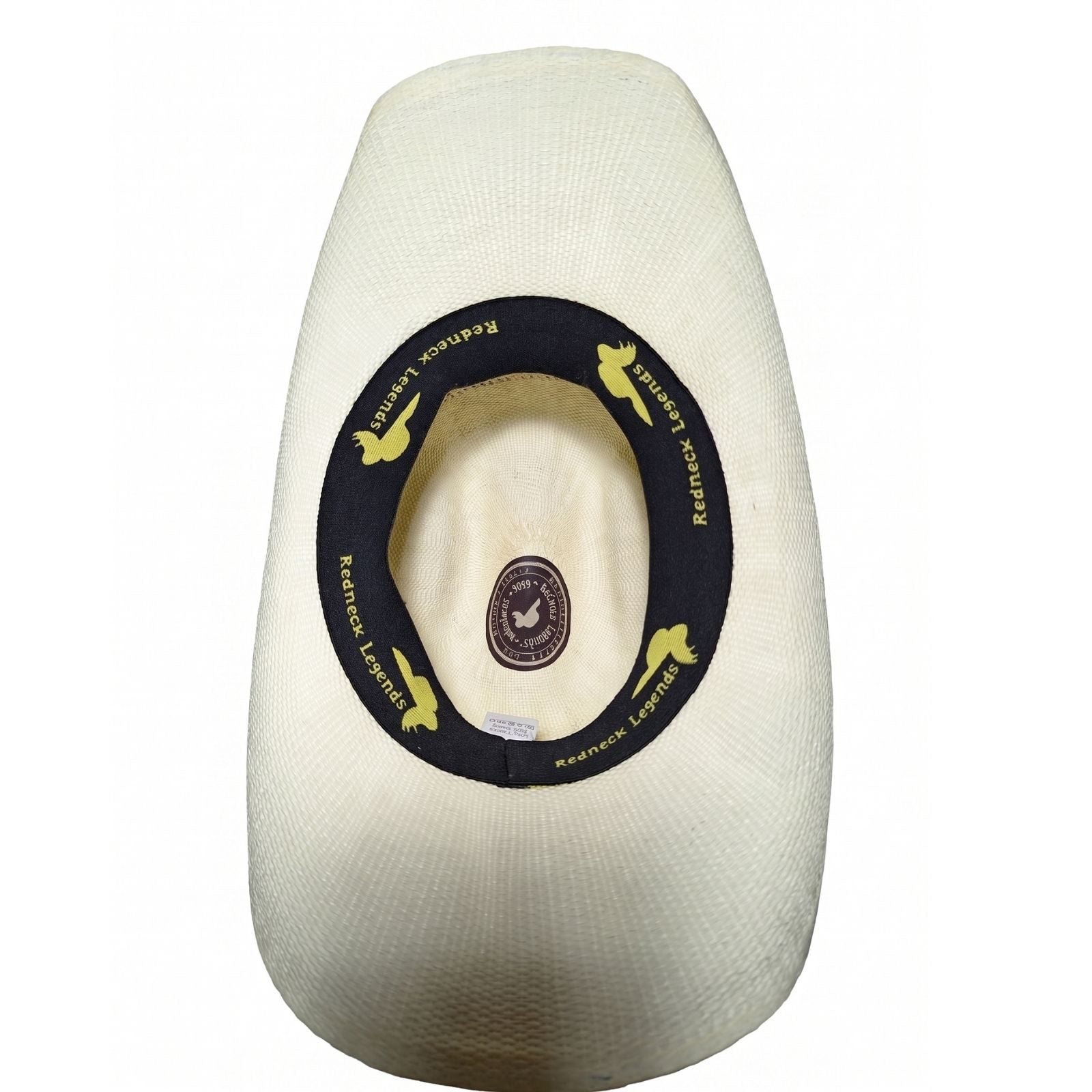 White Criss-Cross Band Cowboy Hat by Redneck Legends — interior view of the branded sweatband, one-size flex fit, 100% paper construction