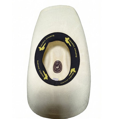 White Criss-Cross Band Cowboy Hat by Redneck Legends — interior view of the branded sweatband, one-size flex fit, 100% paper construction