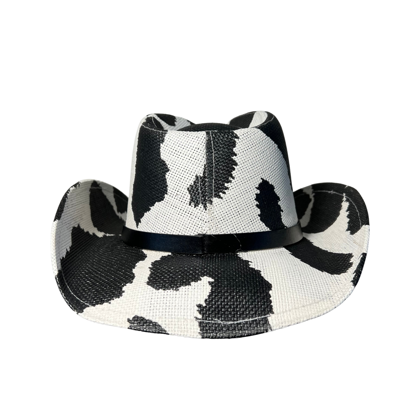 Black Cow Print Cowboy Hat by Redneck Legends — black-and-white cow-print spots on white basketweave straw with a tonal black band