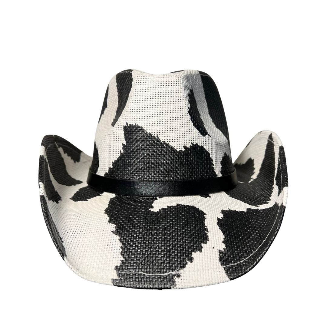 Black Cow Print Cowboy Hat by Redneck Legends — black-and-white cow-print spots on white basketweave straw with a tonal black band