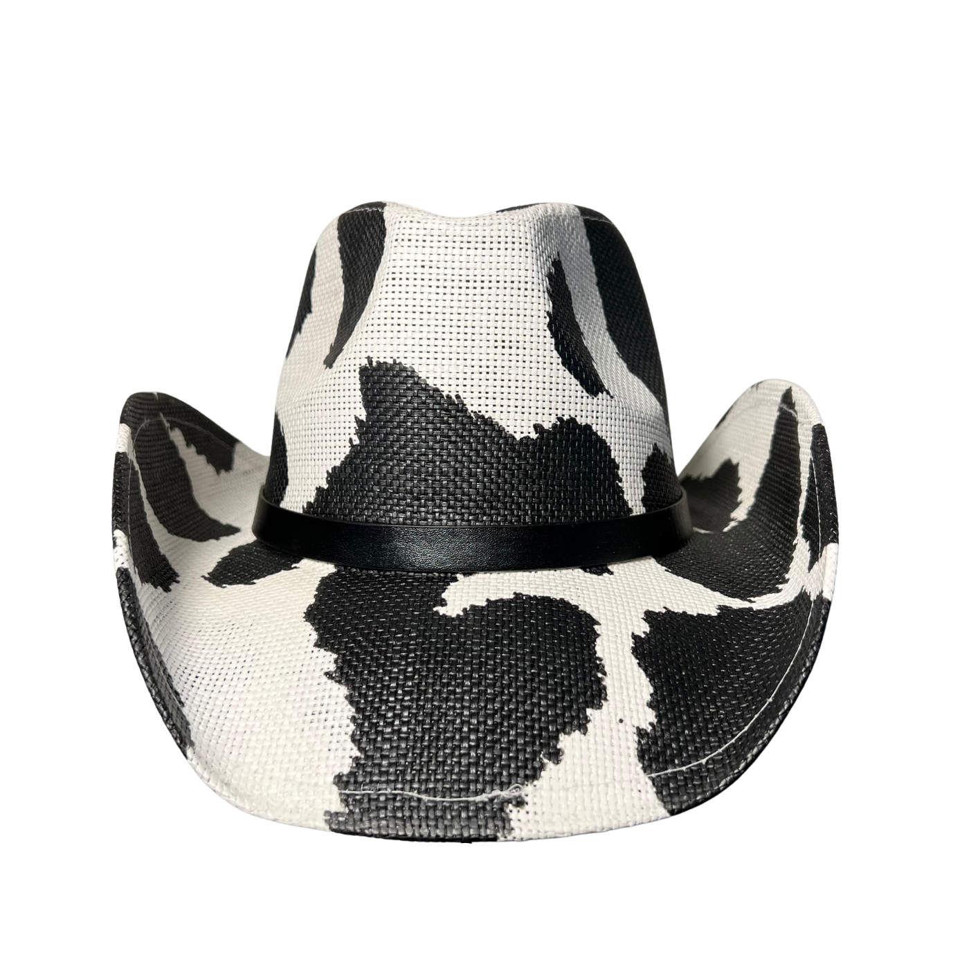 Black Cow Print Cowboy Hat by Redneck Legends — black-and-white cow-print spots on white basketweave straw with a tonal black band