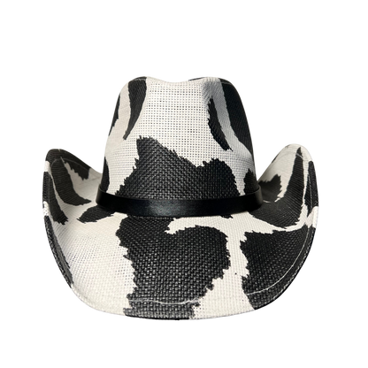 Black Cow Print Cowboy Hat by Redneck Legends — black-and-white cow-print spots on white basketweave straw with a tonal black band