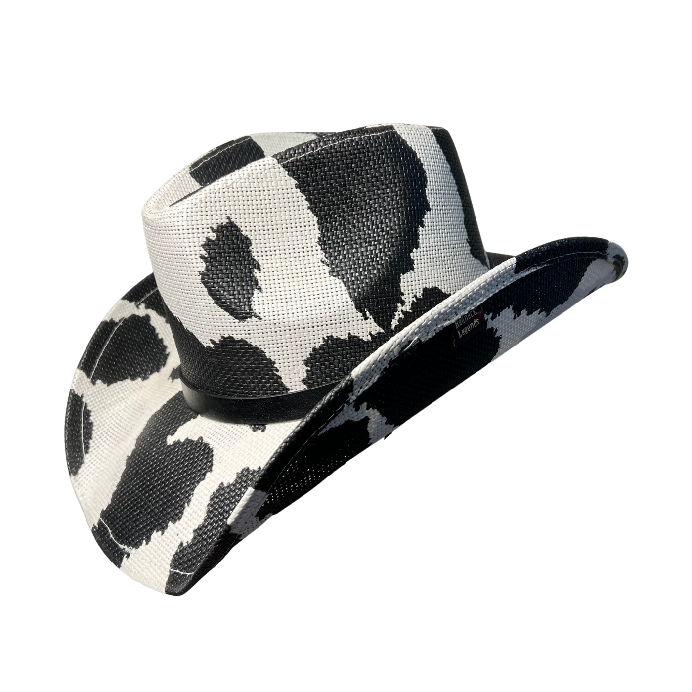 Black Cow Print Cowboy Hat by Redneck Legends — black-and-white cow-print spots on white basketweave straw with a tonal black band