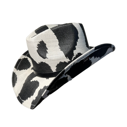 Black Cow Print Cowboy Hat by Redneck Legends — black-and-white cow-print spots on white basketweave straw with a tonal black band