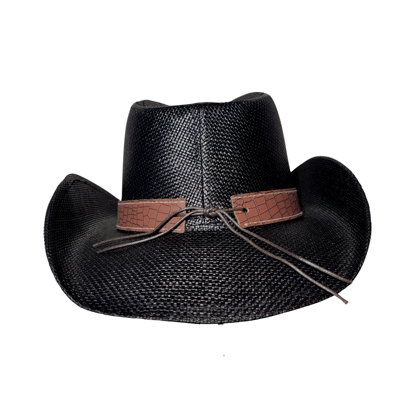 Black Croc-Band Concho Cowboy Hat by Redneck Legends — black woven straw with a tan croc-print leather band, silver studs, and a Western concho