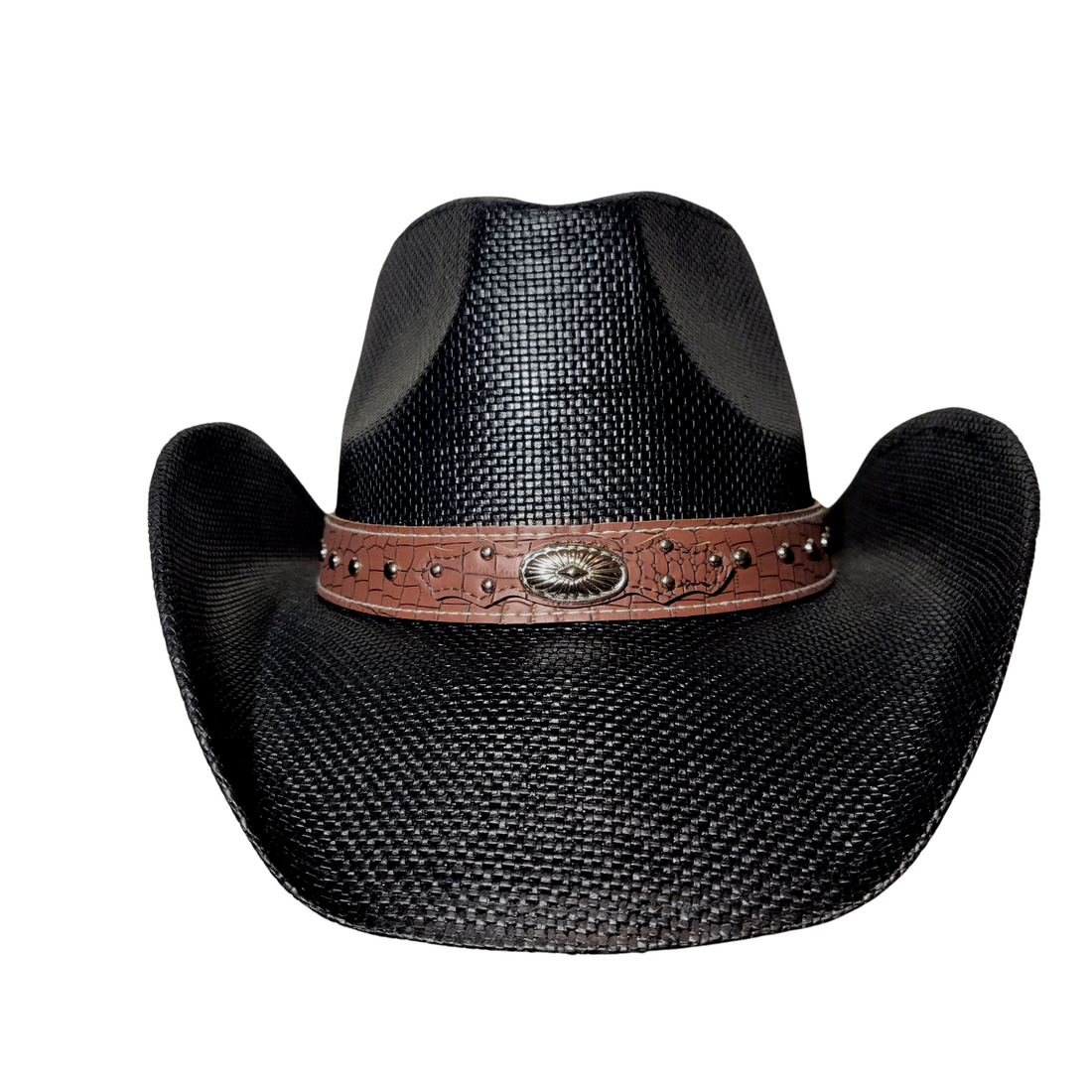 Black Croc-Band Concho Cowboy Hat by Redneck Legends — black woven straw with a tan croc-print leather band, silver studs, and a Western concho