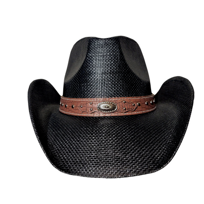 Black Croc-Band Concho Cowboy Hat by Redneck Legends — black woven straw with a tan croc-print leather band, silver studs, and a Western concho
