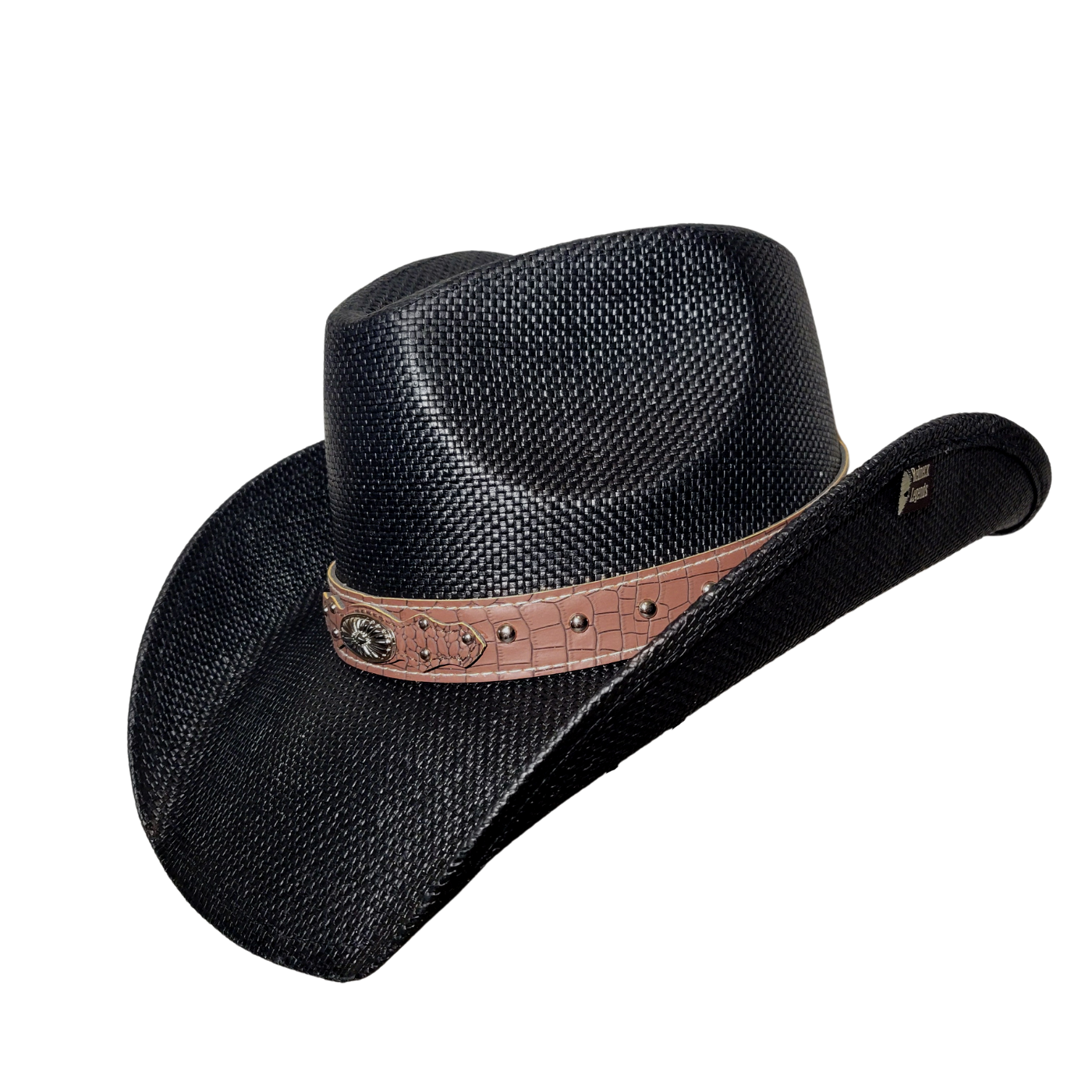 Black Croc-Band Concho Cowboy Hat by Redneck Legends — black woven straw with a tan croc-print leather band, silver studs, and a Western concho