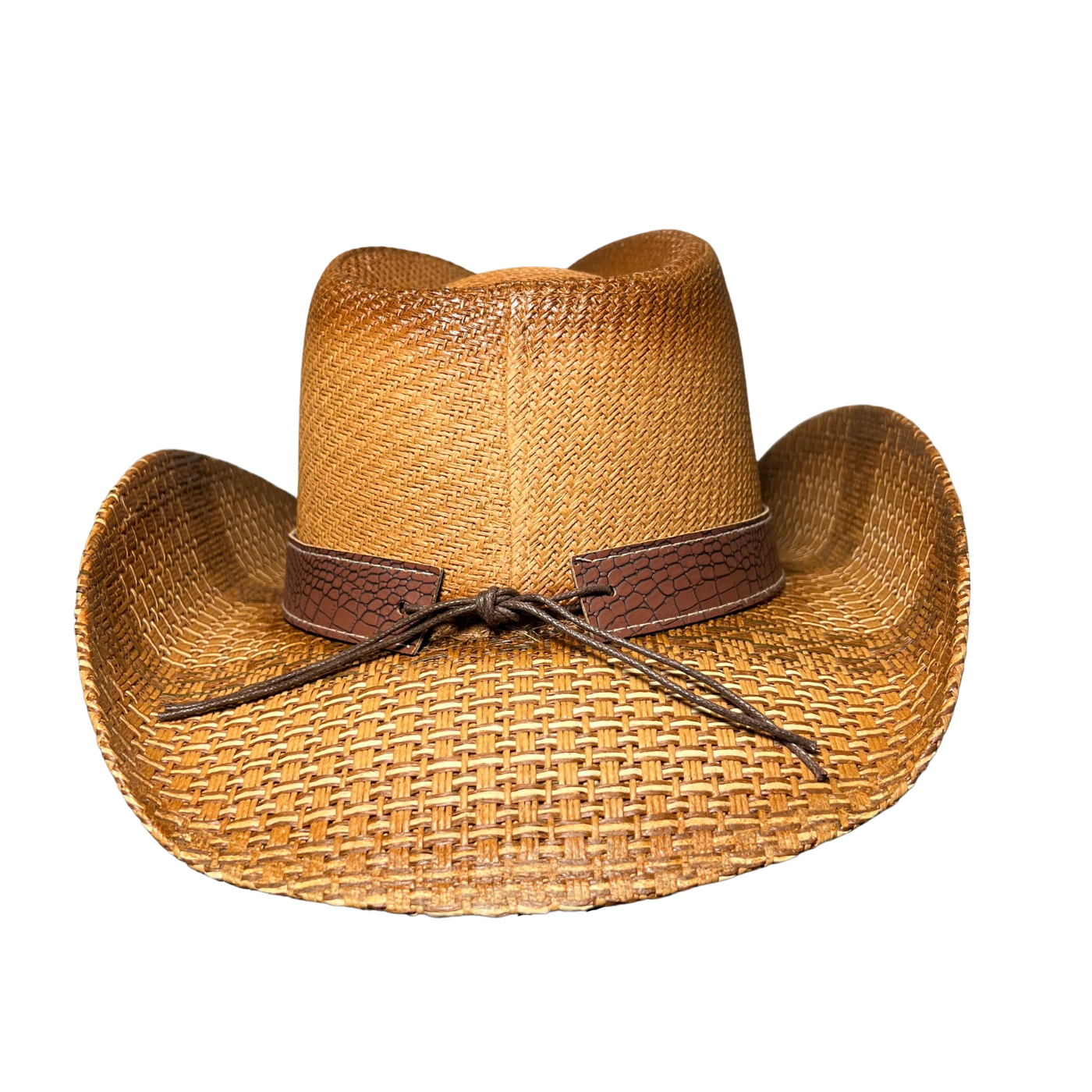 Brown Croc-Band Concho Cowboy Hat by Redneck Legends — sun-faded tan woven straw with a brown croc-embossed leather band, silver studs, and a Western concho