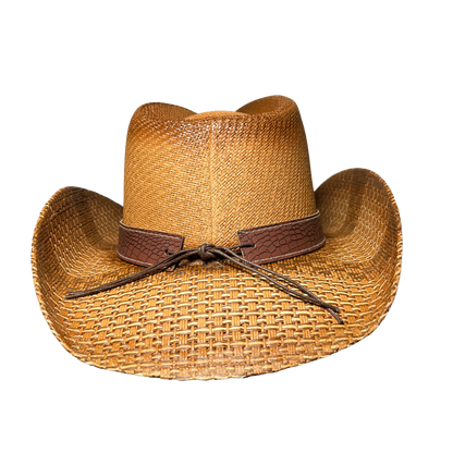 Brown Croc-Band Concho Cowboy Hat by Redneck Legends — sun-faded tan woven straw with a brown croc-embossed leather band, silver studs, and a Western concho