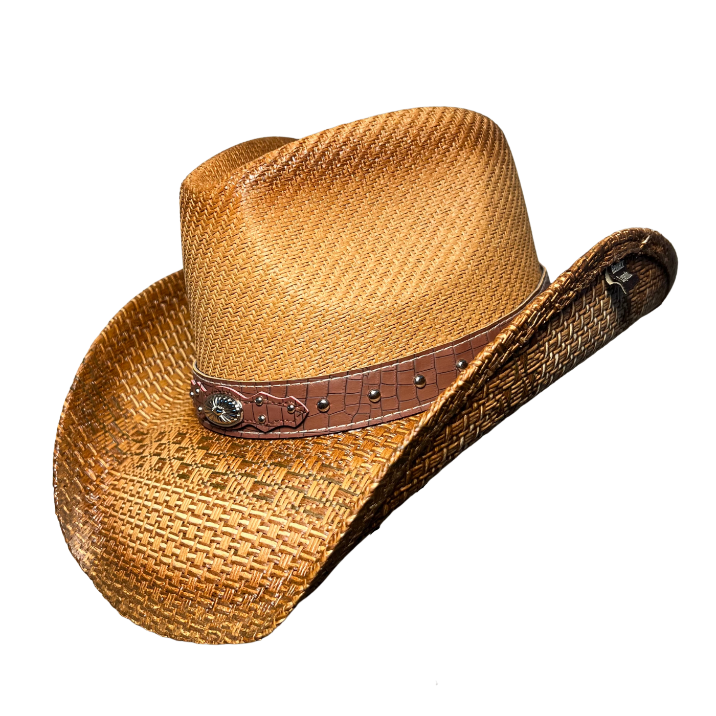 Brown Croc-Band Concho Cowboy Hat by Redneck Legends — sun-faded tan woven straw with a brown croc-embossed leather band, silver studs, and a Western concho