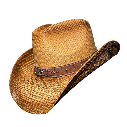 Brown Croc-Band Concho Cowboy Hat by Redneck Legends — sun-faded tan woven straw with a brown croc-embossed leather band, silver studs, and a Western concho