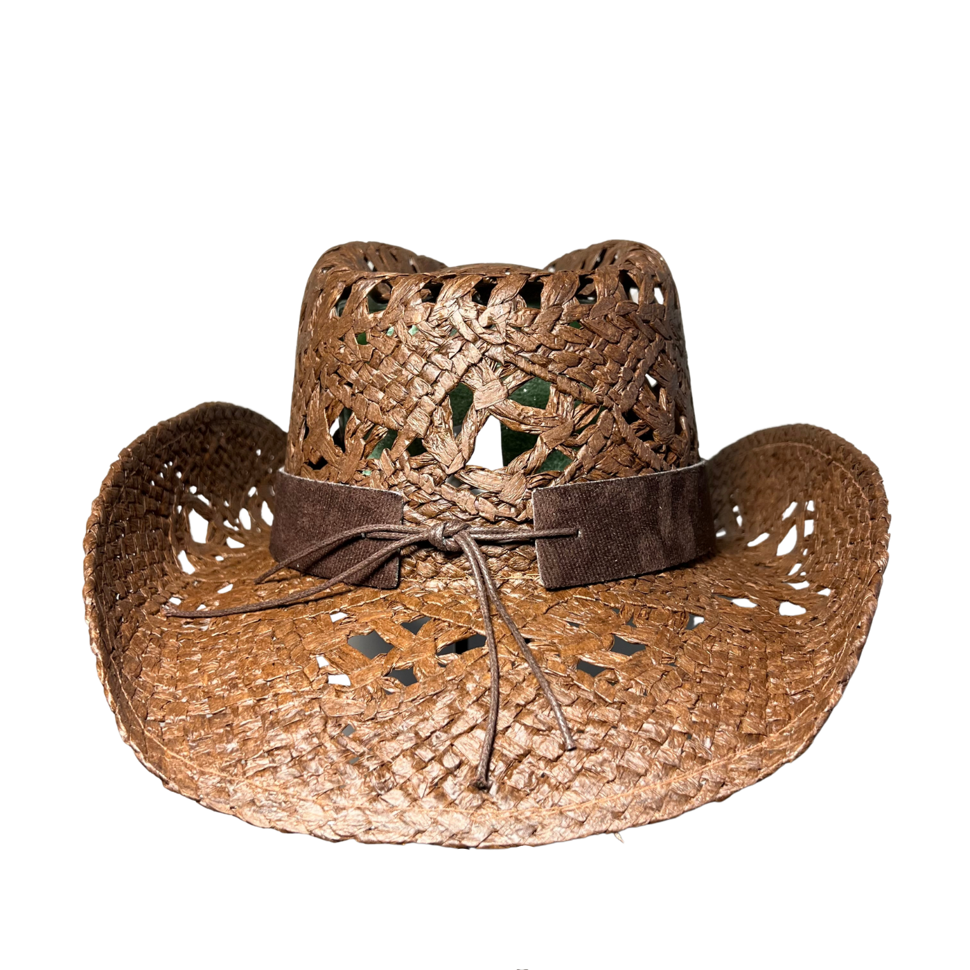 Brown Wicker Cowboy Hat by Redneck Legends — burnished copper-brown open-weave straw with a brown faux-suede band, wood beads, and an amber gem concho