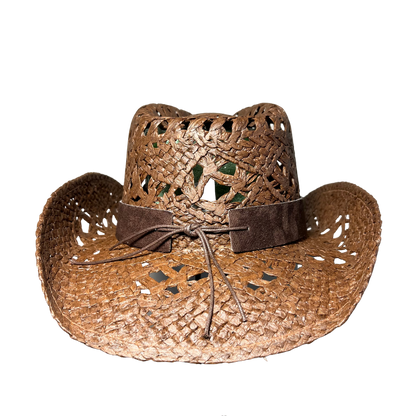 Brown Wicker Cowboy Hat by Redneck Legends — burnished copper-brown open-weave straw with a brown faux-suede band, wood beads, and an amber gem concho