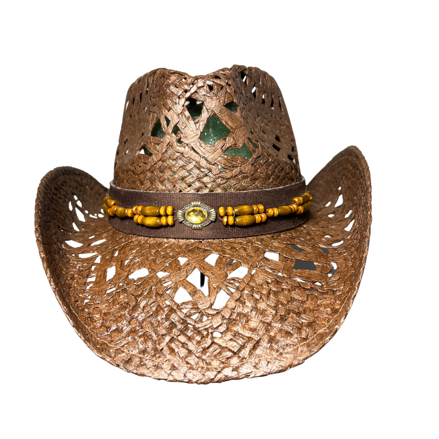 Brown Wicker Cowboy Hat by Redneck Legends — burnished copper-brown open-weave straw with a brown faux-suede band, wood beads, and an amber gem concho