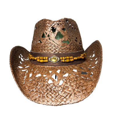 Brown Wicker Cowboy Hat by Redneck Legends — burnished copper-brown open-weave straw with a brown faux-suede band, wood beads, and an amber gem concho