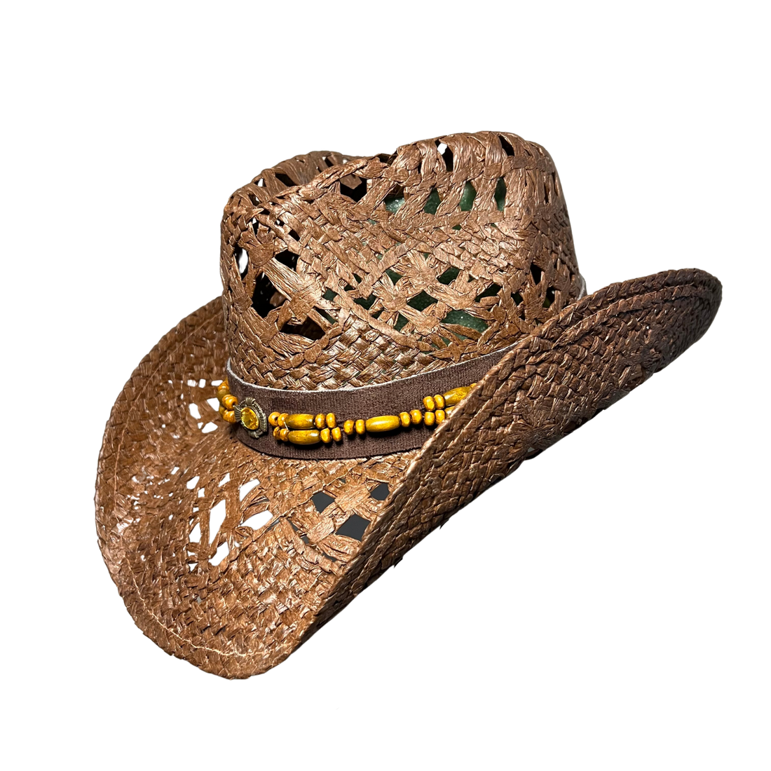 Brown Wicker Cowboy Hat by Redneck Legends — burnished copper-brown open-weave straw with a brown faux-suede band, wood beads, and an amber gem concho