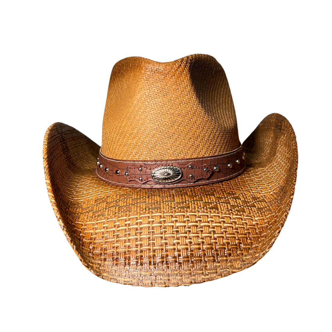 Brown Croc-Band Concho Cowboy Hat by Redneck Legends — sun-faded tan woven straw with a brown croc-embossed leather band, silver studs, and a Western concho