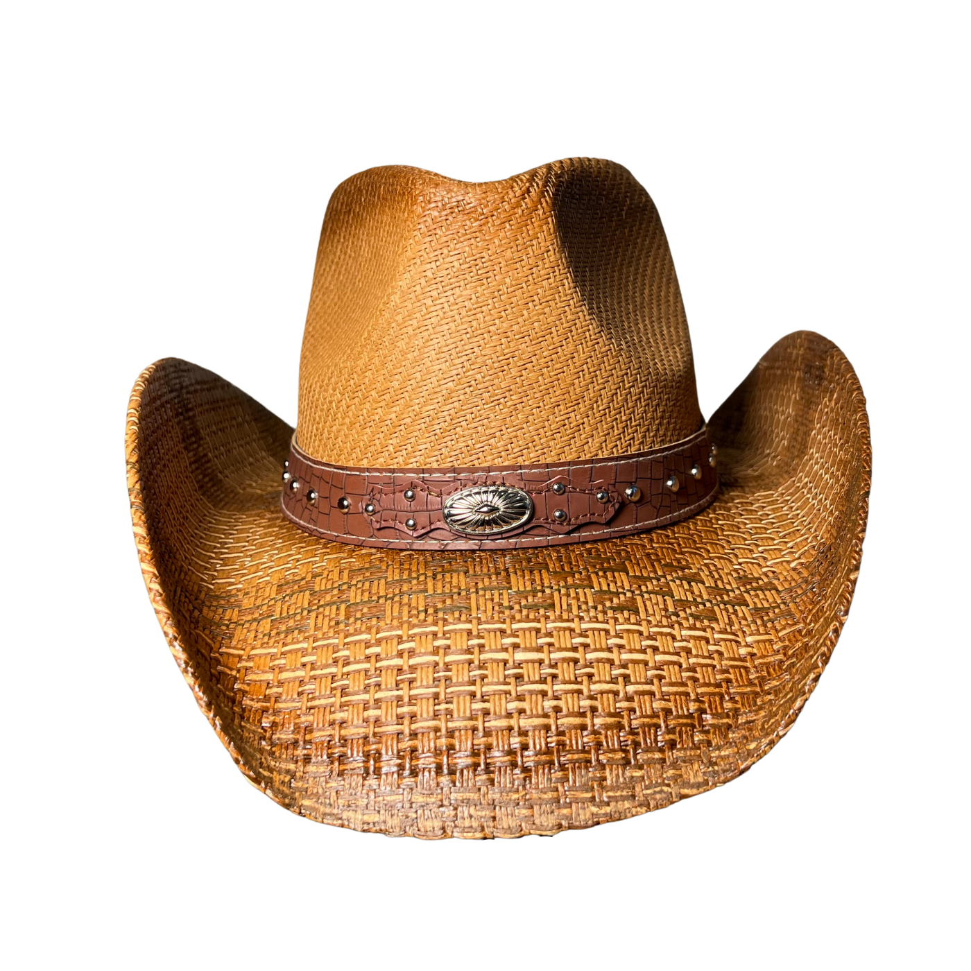 Brown Croc-Band Concho Cowboy Hat by Redneck Legends — sun-faded tan woven straw with a brown croc-embossed leather band, silver studs, and a Western concho