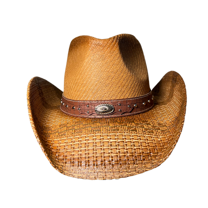 Brown Croc-Band Concho Cowboy Hat by Redneck Legends — sun-faded tan woven straw with a brown croc-embossed leather band, silver studs, and a Western concho