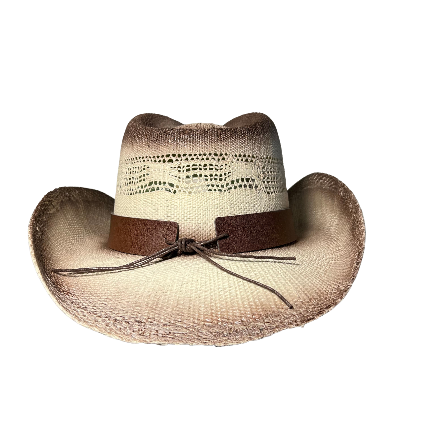 Brown Burnt Bull Cowboy Hat by Redneck Legends — distressed scorched two-tone open-weave straw with longhorn hardware on a brown leather band
