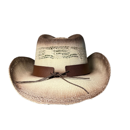 Brown Burnt Bull Cowboy Hat by Redneck Legends — distressed scorched two-tone open-weave straw with longhorn hardware on a brown leather band