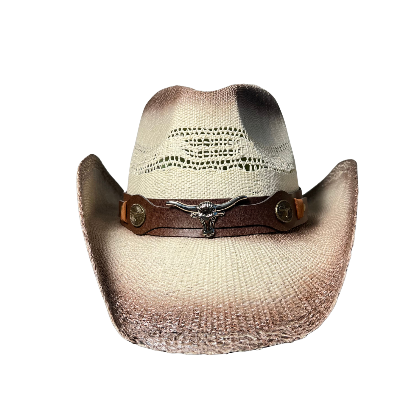 Brown Burnt Bull Cowboy Hat by Redneck Legends — distressed scorched two-tone open-weave straw with longhorn hardware on a brown leather band