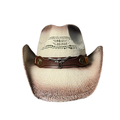 Brown Burnt Bull Cowboy Hat by Redneck Legends — distressed scorched two-tone open-weave straw with longhorn hardware on a brown leather band