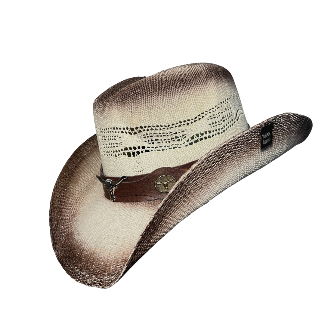 Brown Burnt Bull Cowboy Hat by Redneck Legends — distressed scorched two-tone open-weave straw with longhorn hardware on a brown leather band