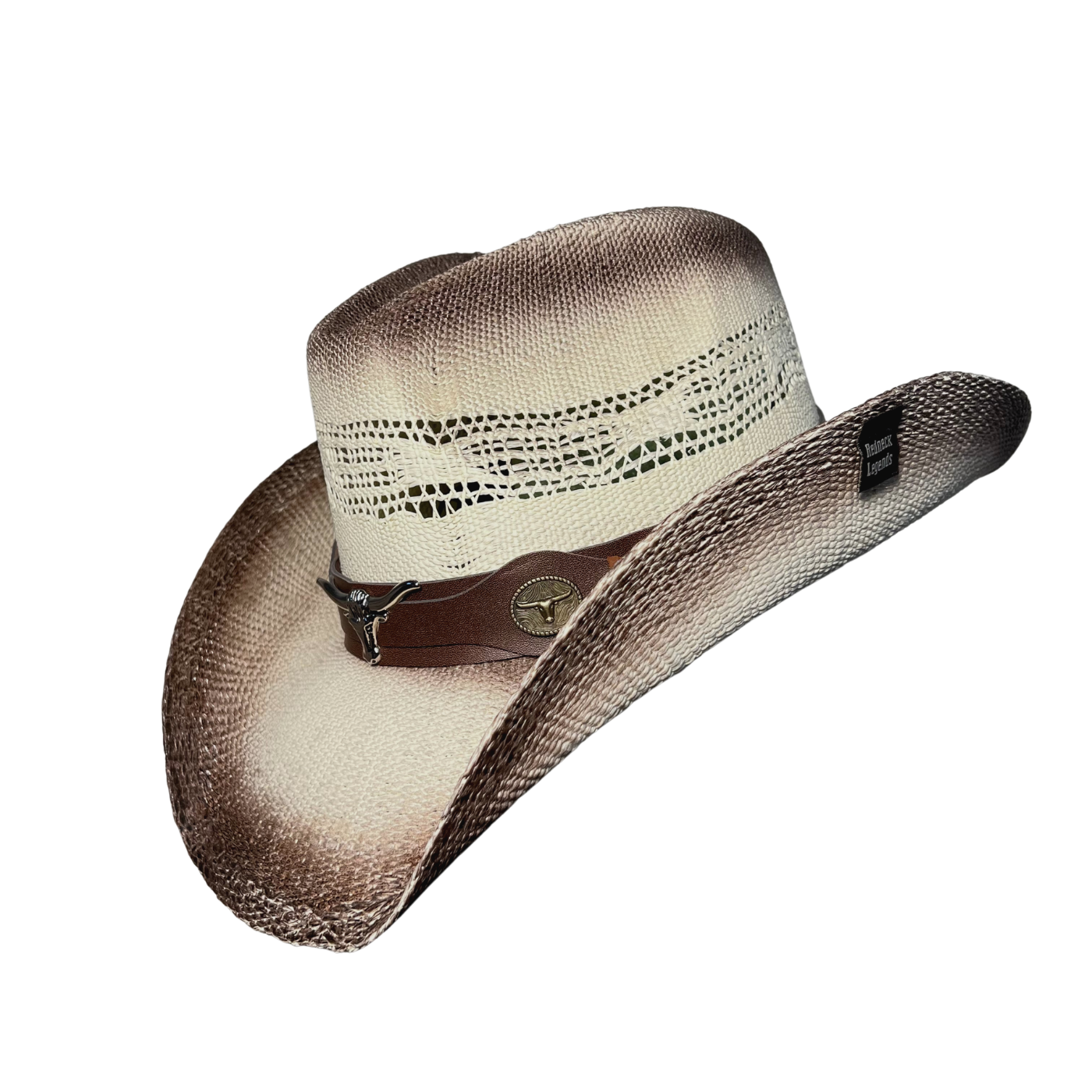 Brown Burnt Bull Cowboy Hat by Redneck Legends — distressed scorched two-tone open-weave straw with longhorn hardware on a brown leather band