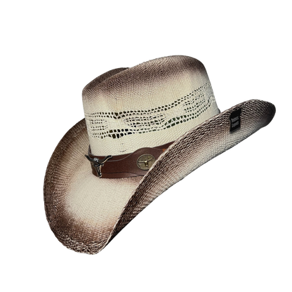 Brown Burnt Bull Cowboy Hat by Redneck Legends — distressed scorched two-tone open-weave straw with longhorn hardware on a brown leather band