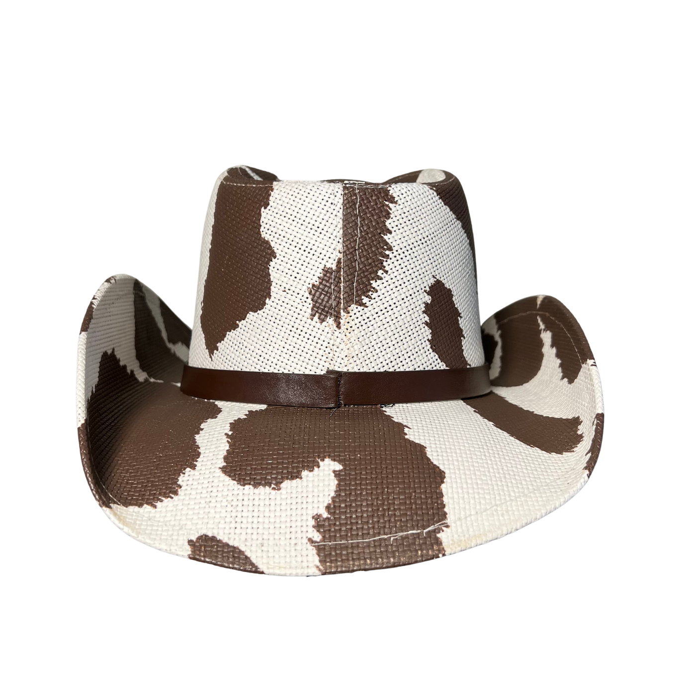 Brown Cow Print Cowboy Hat by Redneck Legends — warm brown cow-print spots on cream basketweave straw with a tonal brown band