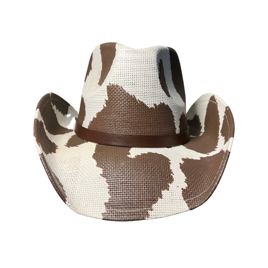 Brown Cow Print Cowboy Hat by Redneck Legends — warm brown cow-print spots on cream basketweave straw with a tonal brown band