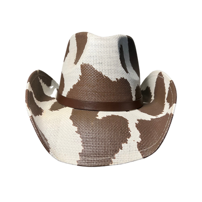 Brown Cow Print Cowboy Hat by Redneck Legends — warm brown cow-print spots on cream basketweave straw with a tonal brown band