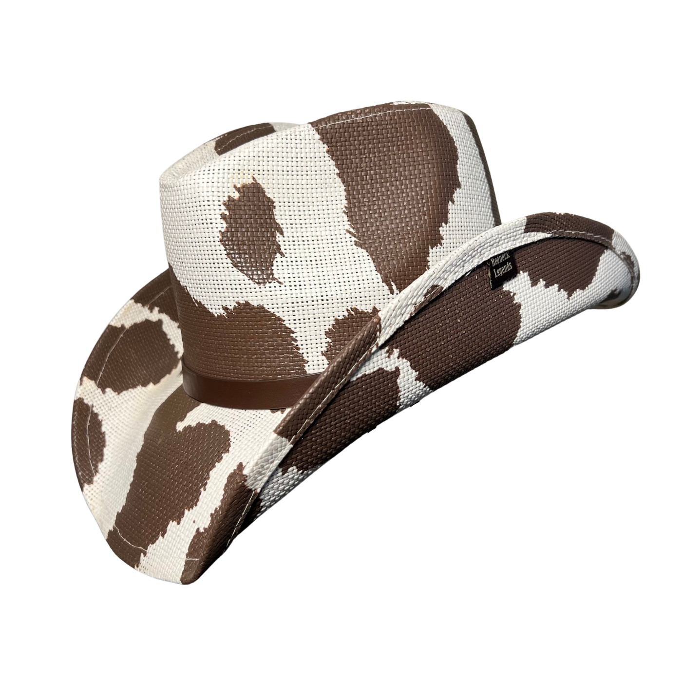Brown Cow Print Cowboy Hat by Redneck Legends — warm brown cow-print spots on cream basketweave straw with a tonal brown band