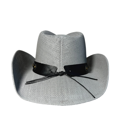 Gray Bull cowboy hat by Redneck Legends — gray basketweave straw with a black leather band, chrome longhorn steer-head medallion, and antiqued brass studs