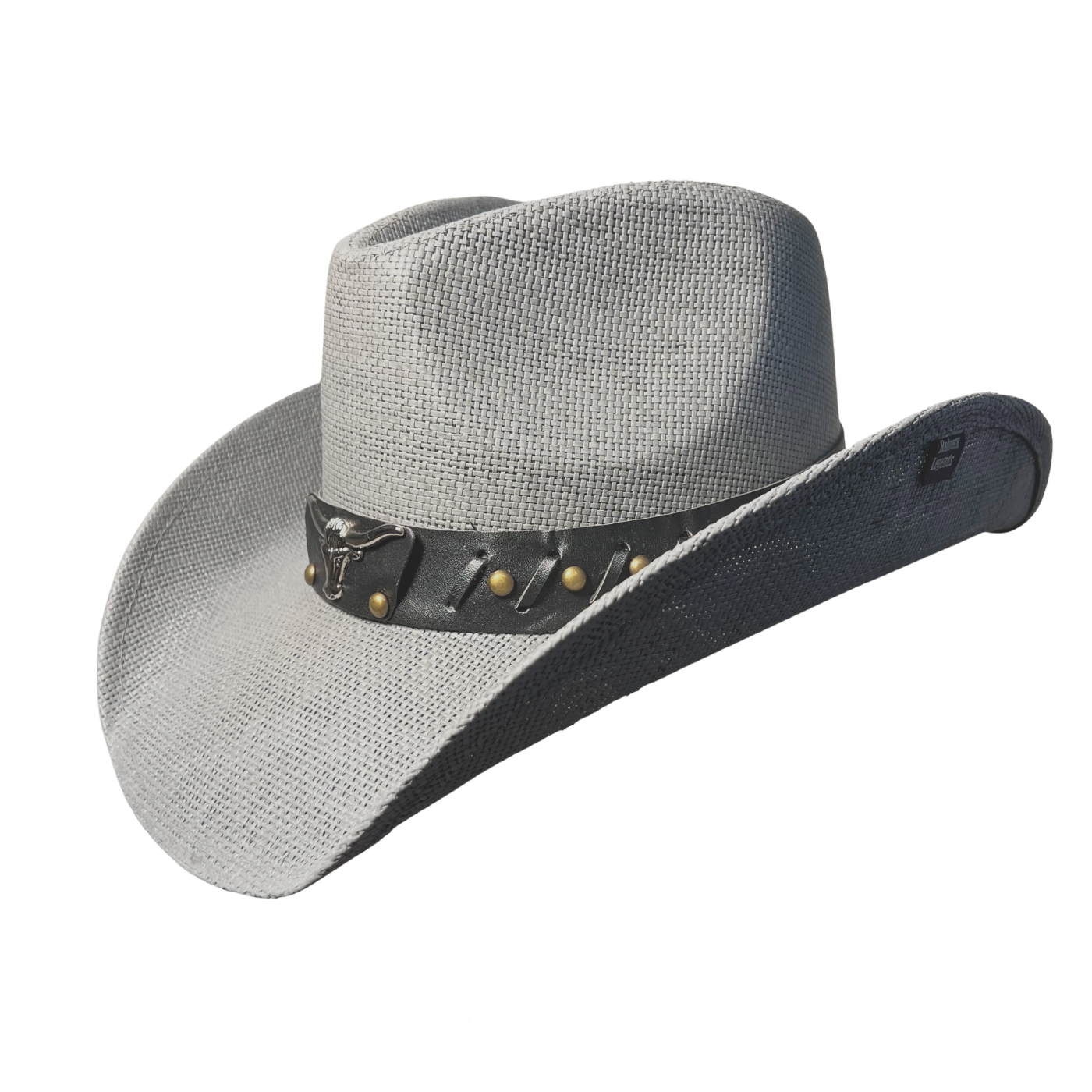 Gray Bull cowboy hat by Redneck Legends — gray basketweave straw with a black leather band, chrome longhorn steer-head medallion, and antiqued brass studs