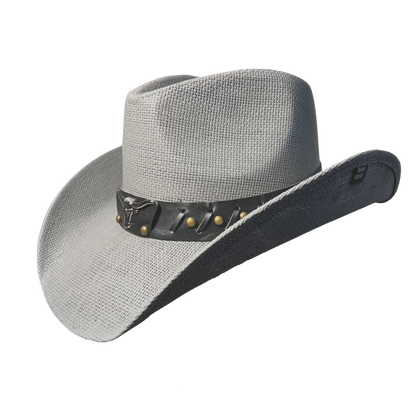 Gray Bull cowboy hat by Redneck Legends — gray basketweave straw with a black leather band, chrome longhorn steer-head medallion, and antiqued brass studs