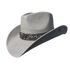 Gray Bull cowboy hat by Redneck Legends — gray basketweave straw with a black leather band, chrome longhorn steer-head medallion, and antiqued brass studs