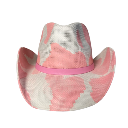 Pink Cow Print Cowboy Hat by Redneck Legends — soft pink cow-print spots on white basketweave straw with a tonal pink band