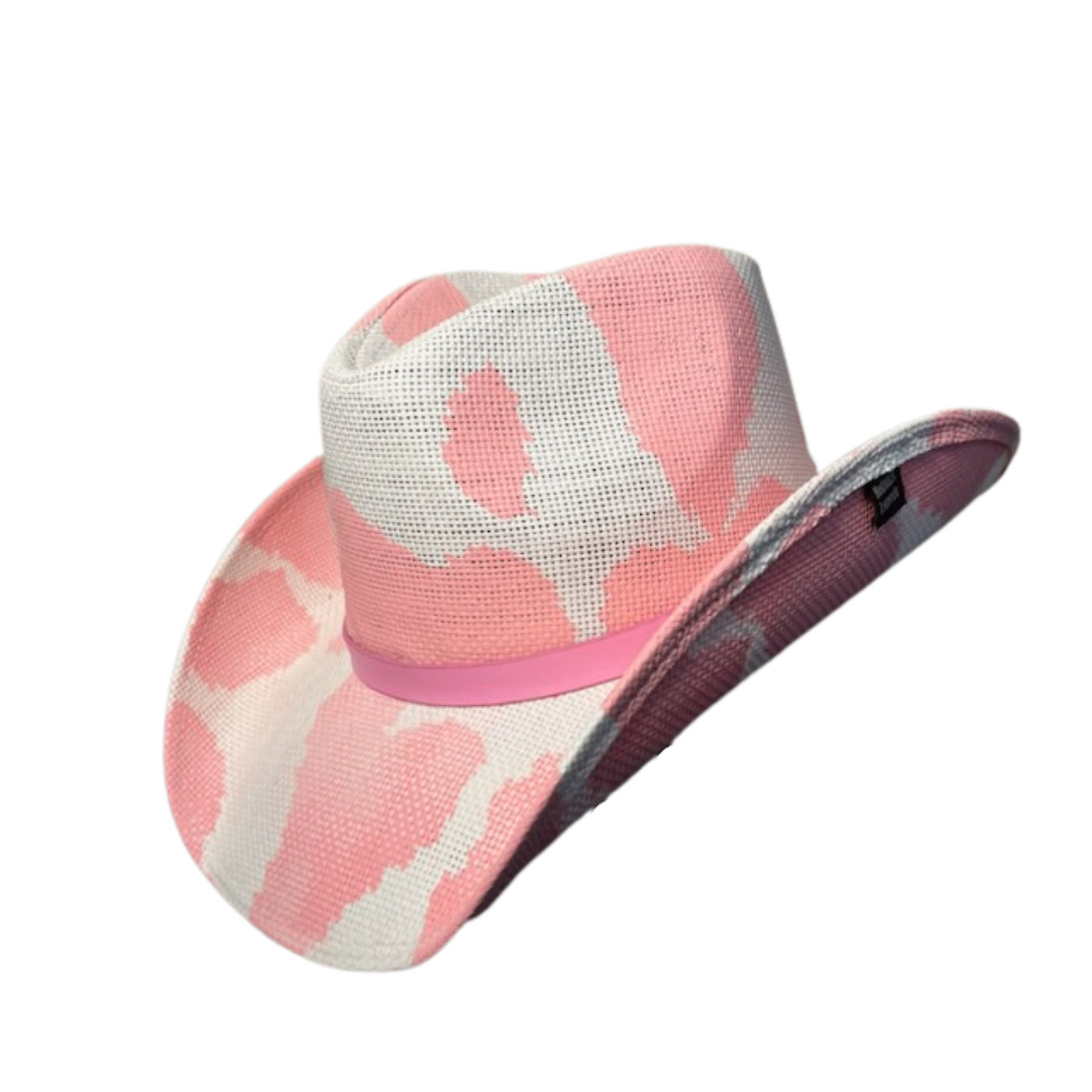 Pink Cow Print Cowboy Hat by Redneck Legends — soft pink cow-print spots on white basketweave straw with a tonal pink band