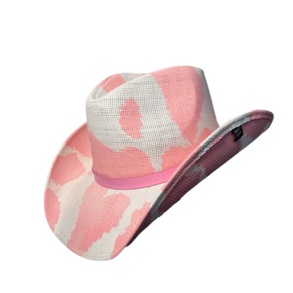 Pink Cow Print Cowboy Hat by Redneck Legends — soft pink cow-print spots on white basketweave straw with a tonal pink band