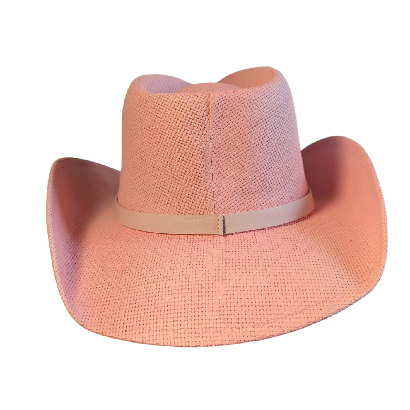 Pink Leather Band cowboy hat by Redneck Legends — sunset-pink woven paper straw hat with a slim tonal vegan-leather band and curled brim