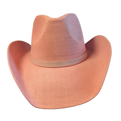 Pink Leather Band cowboy hat by Redneck Legends — sunset-pink woven paper straw hat with a slim tonal vegan-leather band and curled brim