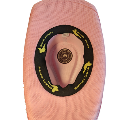 Pink Leather Band cowboy hat by Redneck Legends — sunset-pink woven paper straw hat with a slim tonal vegan-leather band and curled brim